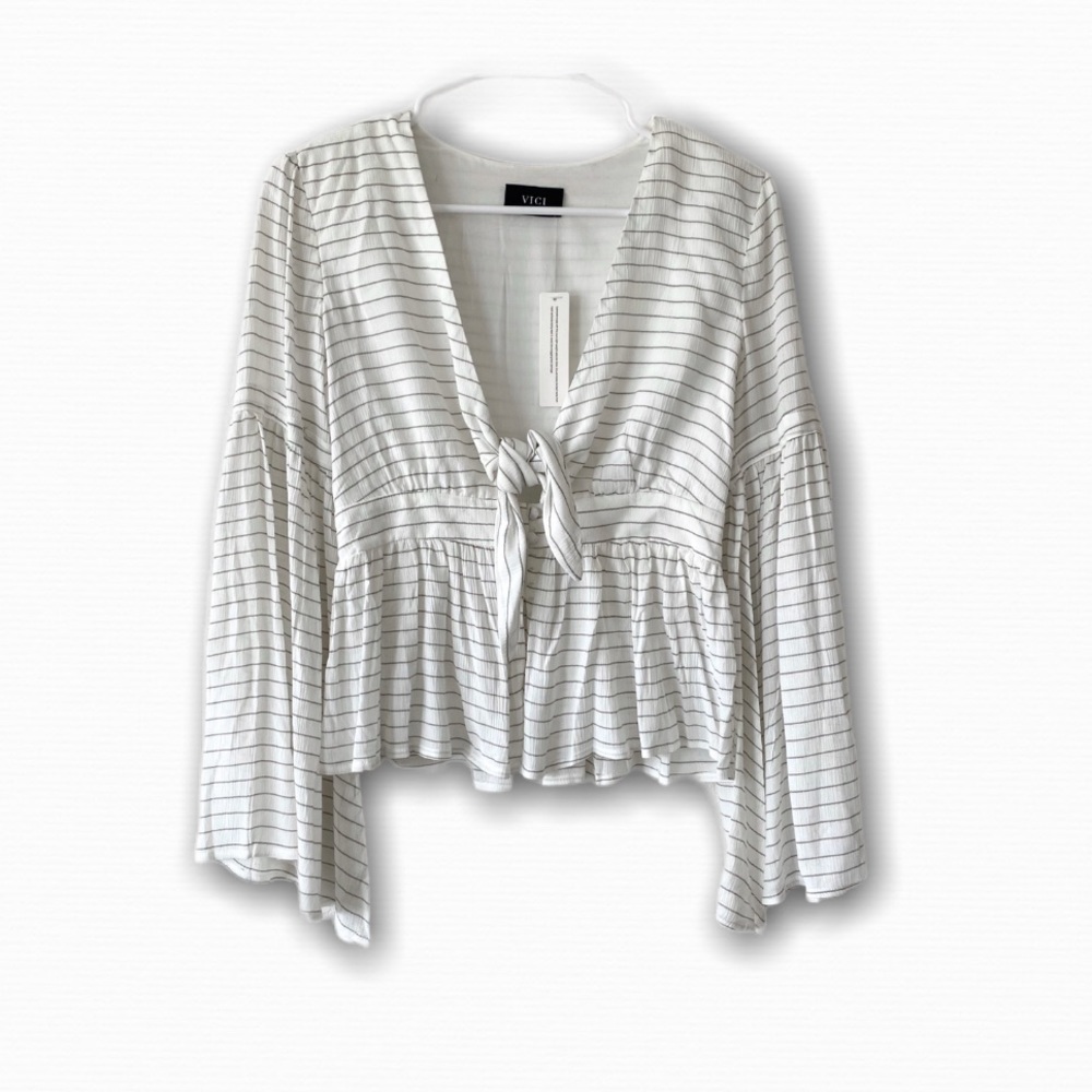 VICI peplum long bell sleeve striped v-neck top - NWT